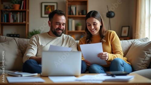 Couple Working from Home: Young Partners Using Laptop and Documents for Remote Job, Modern Lifestyle