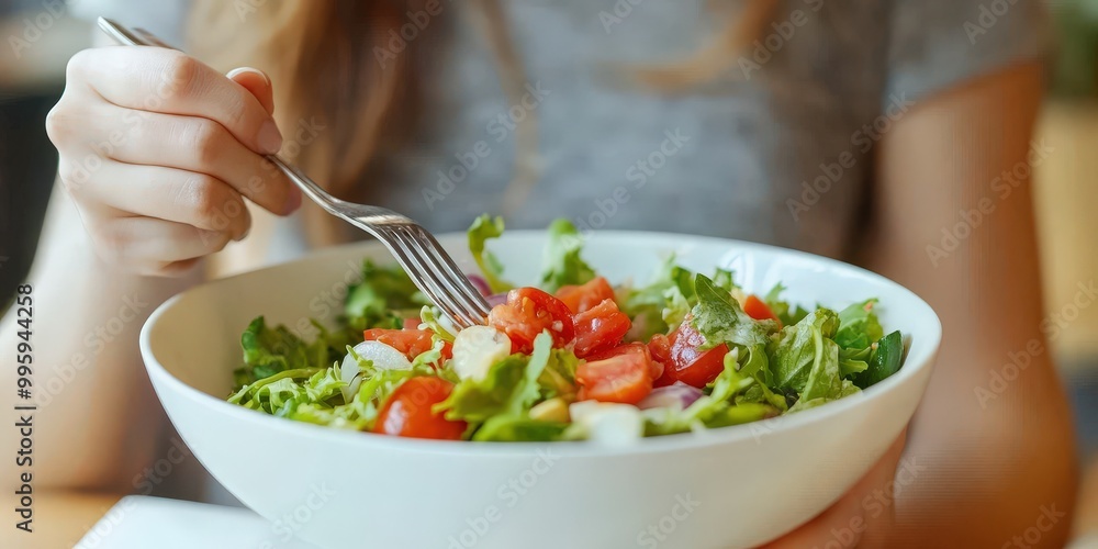 Woman Enjoying Fresh Salad in Casual Dining Setting Woman Enjoying Fresh Salad in Casual Dining Setting