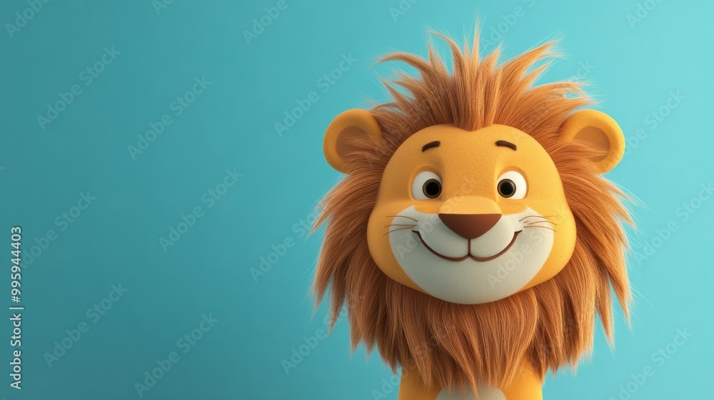 Obraz premium A cheerful cartoon lion with a fluffy mane, standing against a pastel blue background