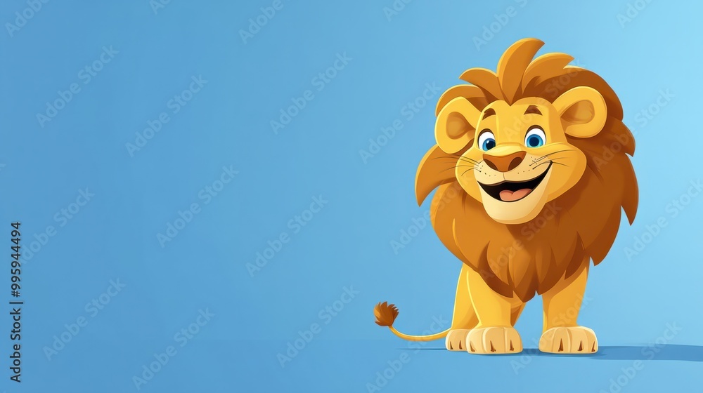 A cheerful cartoon lion with a fluffy mane, standing against a pastel blue background A cheerful cartoon lion with a fluffy mane, standing against a pastel blue background