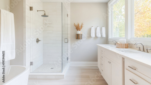 A modern bathroom featuring glass shower, white cabinetry, and natural light streaming through large windows. serene atmosphere is enhanced by neutral tones and elegant decor