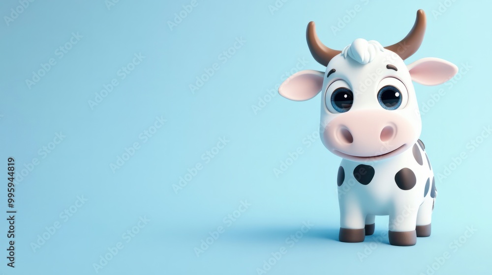 A cute cartoon cow with big eyes and a friendly face, isolated on a soft pastel blue background A cute cartoon cow with big eyes and a friendly face, isolated on a soft pastel blue background