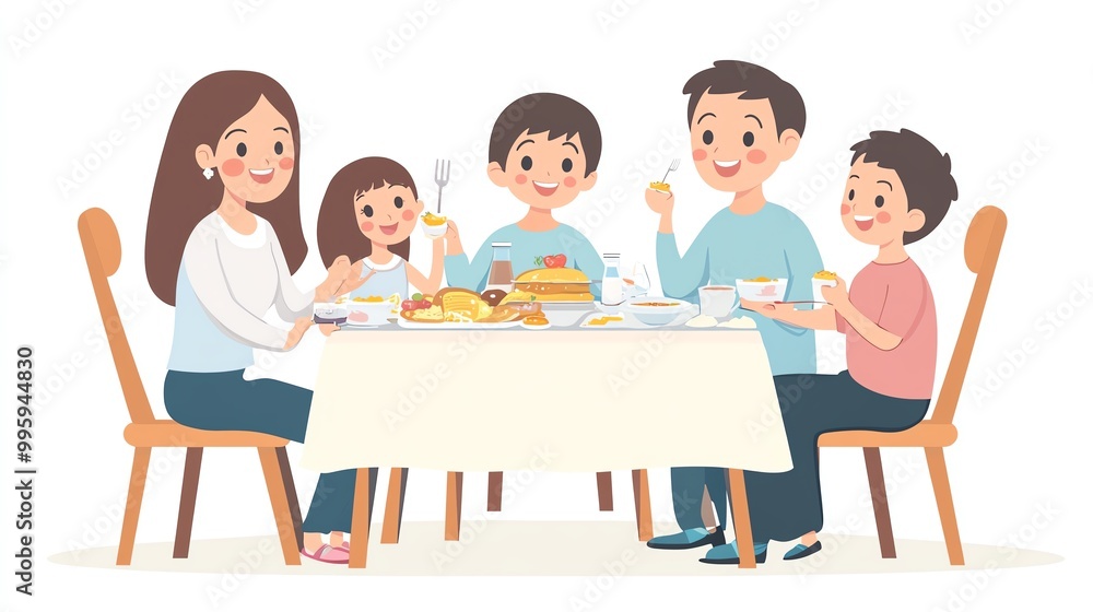 A happy family sharing a meal together, enjoying delicious food around a dining table, creating joyful moments and memories. A happy family sharing a meal together, enjoying delicious food around a dining table, creating joyful moments and memories.