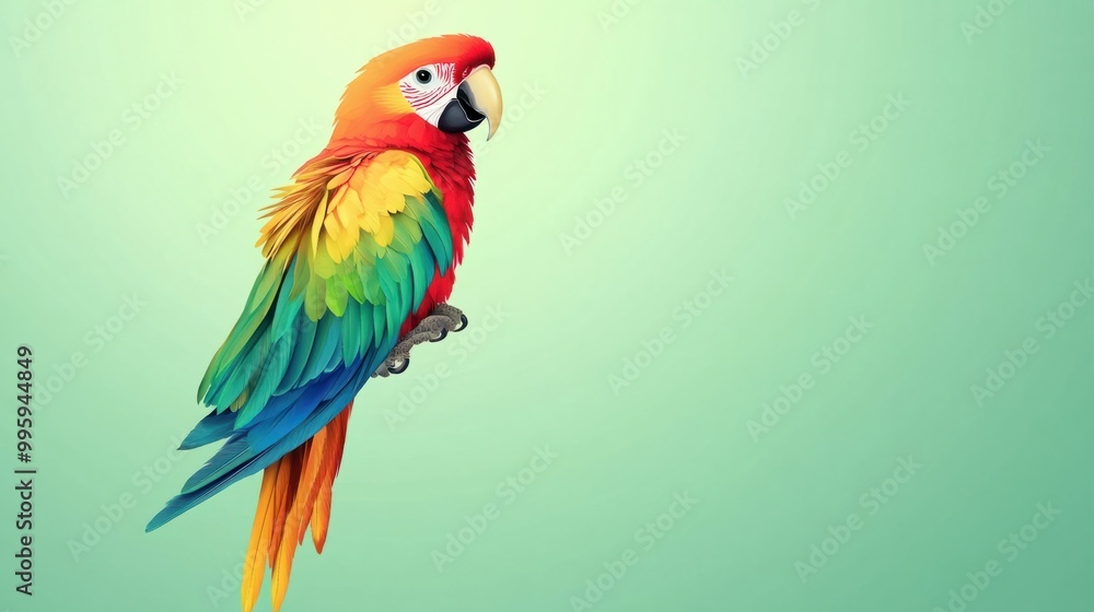 Fototapeta premium A colorful cartoon parrot with vibrant feathers, isolated on a pastel green background