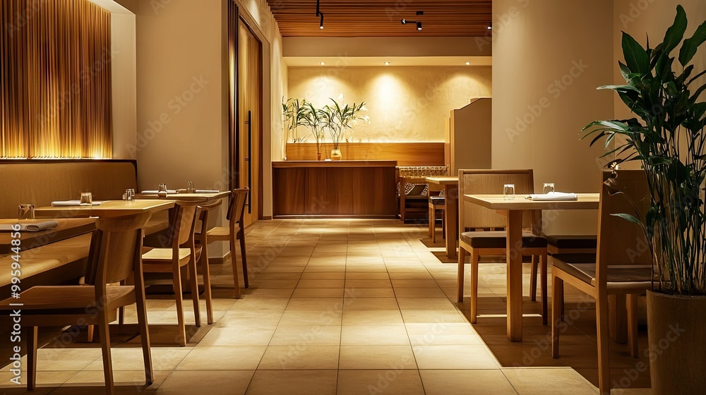 A dining area with oak tile floors, natural wood furniture, and soft lighting, offering a serene and welcoming atmosphere for guests - A dining area with oak tile floors, natural wood furniture, and soft lighting, offering a serene and welcoming atmosphere for guests -
