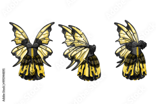 The mannequin with black and yellow gothic fairy dress. A model for designer clothes. Halloween costume witch fantasy character. Dress mockup. Female clothes with butterfly wings. Elves and Nature