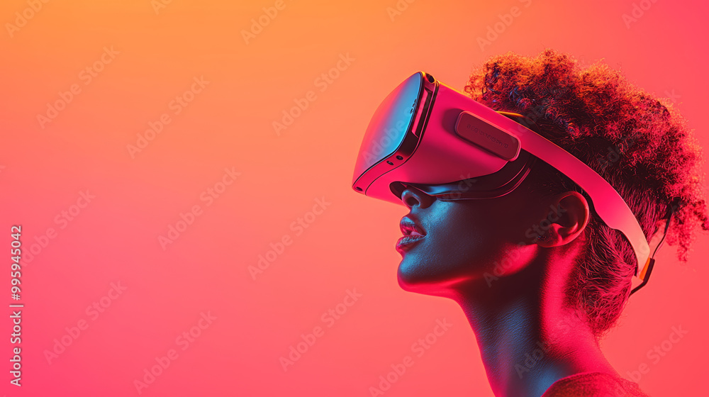 Immersed in vibrant world, woman experiences virtual reality with sleek headset, showcasing fusion of technology and creativity. colorful backdrop enhances futuristic vibe Immersed in vibrant world, woman experiences virtual reality with sleek headset, showcasing fusion of technology and creativity. colorful backdrop enhances futuristic vibe
