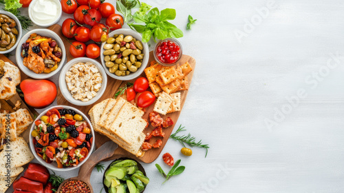 Wallpaper Mural Delicious spread of fresh ingredients including tomatoes, olives, and various breads, perfect for gathering or picnic. vibrant colors and textures create an inviting atmosphere Torontodigital.ca