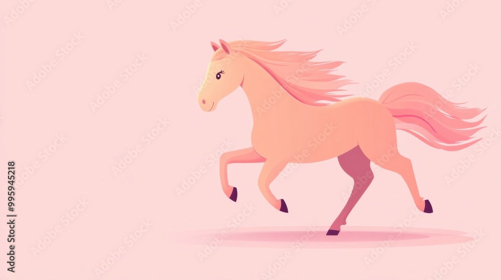A cute cartoon horse with a flowing mane, isolated on a soft pastel pink background A cute cartoon horse with a flowing mane, isolated on a soft pastel pink background