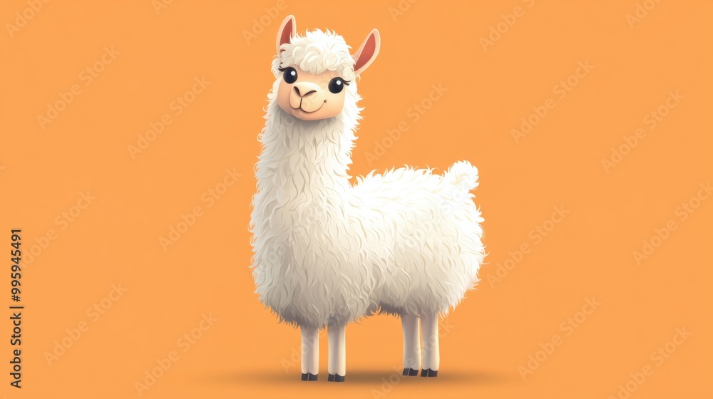 Fototapeta premium A cute cartoon llama with fluffy fur, isolated on a soft pastel orange background
