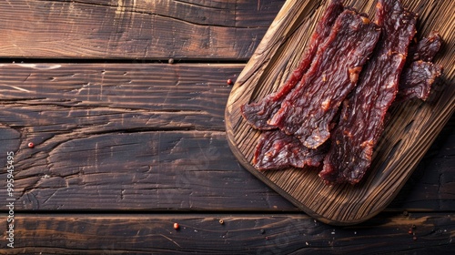 Meat jerky. Dried meat on a board.