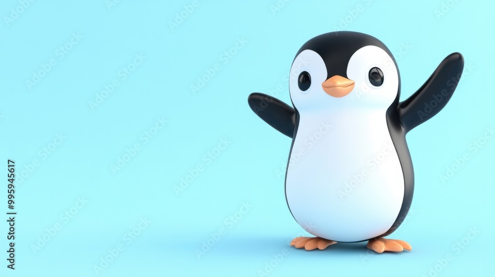 A cute cartoon penguin waving, isolated on a pastel blue background A cute cartoon penguin waving, isolated on a pastel blue background