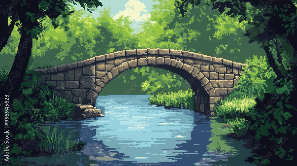 Fototapeta premium Stone Bridge Over a River in a Lush Green Forest