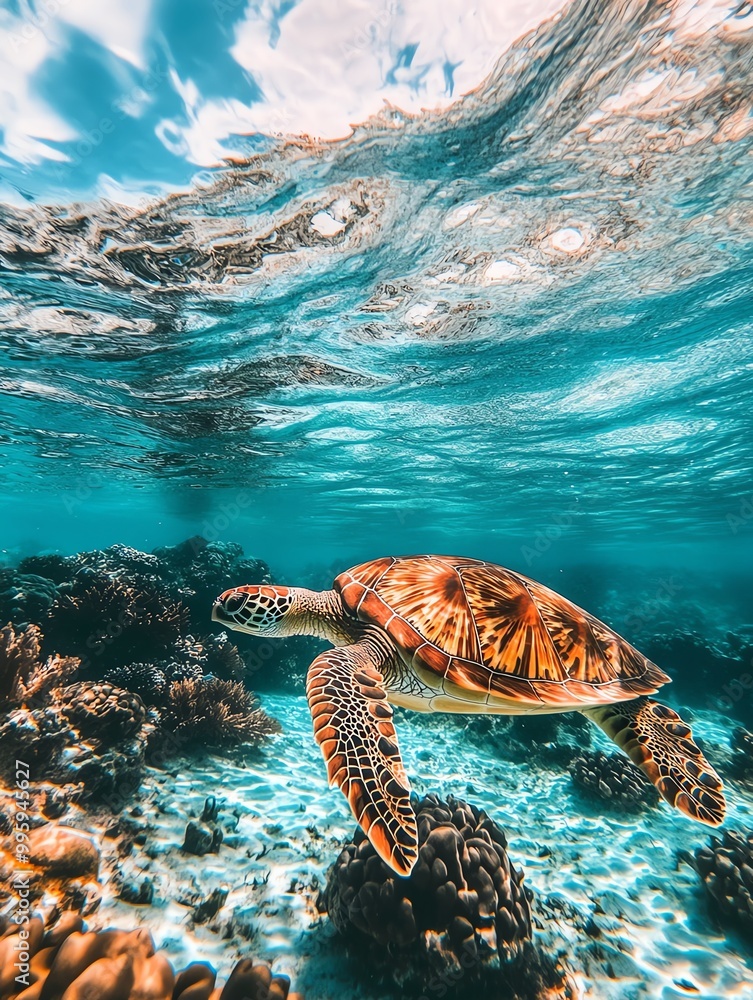 Fototapeta premium A graceful sea turtle glides through vibrant ocean waters, showcasing coral beauty and the serenity of underwater life.