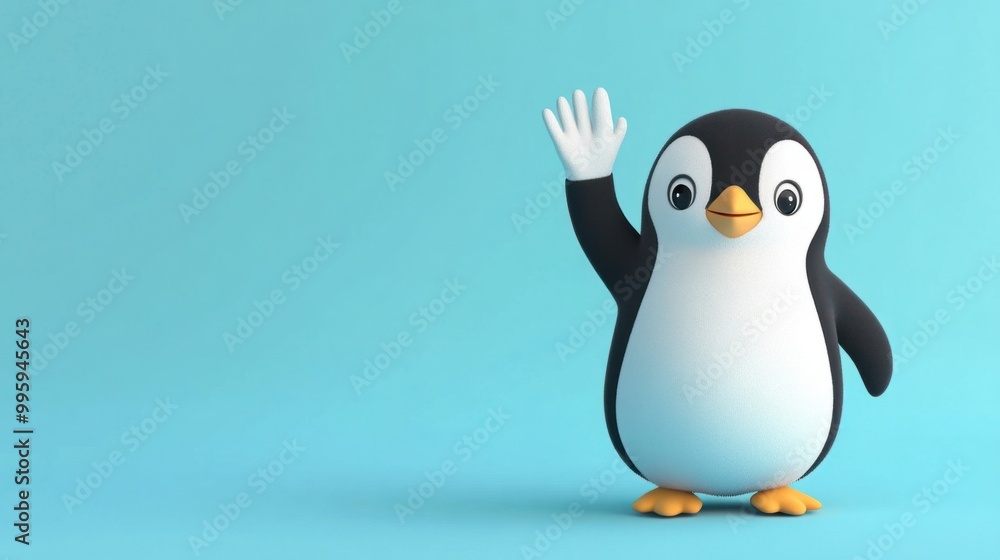 Obraz premium A cute cartoon penguin waving, isolated on a pastel blue background