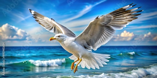 A majestic seagull soars in mid-flight, wings spread wide, feathers gently ruffled by ocean breeze, against a serene blue sky.