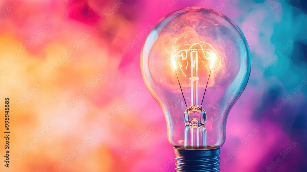 Glowing lightbulb with a vibrant aura, symbolizing innovation and creativity, set against a bright and colorful background Glowing lightbulb with a vibrant aura, symbolizing innovation and creativity, set against a bright and colorful background