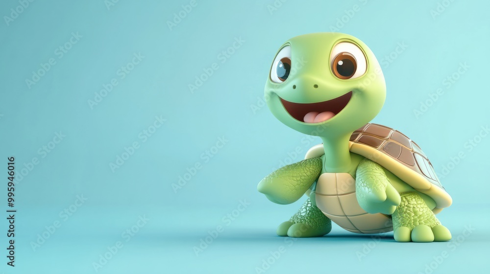 A cute cartoon turtle with a big shell and a smile, isolated on a soft pastel blue background A cute cartoon turtle with a big shell and a smile, isolated on a soft pastel blue background