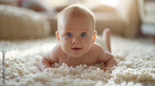 Cute baby with big blue eyes enjoying tummy time on a soft blanket in a sunlit room. photo