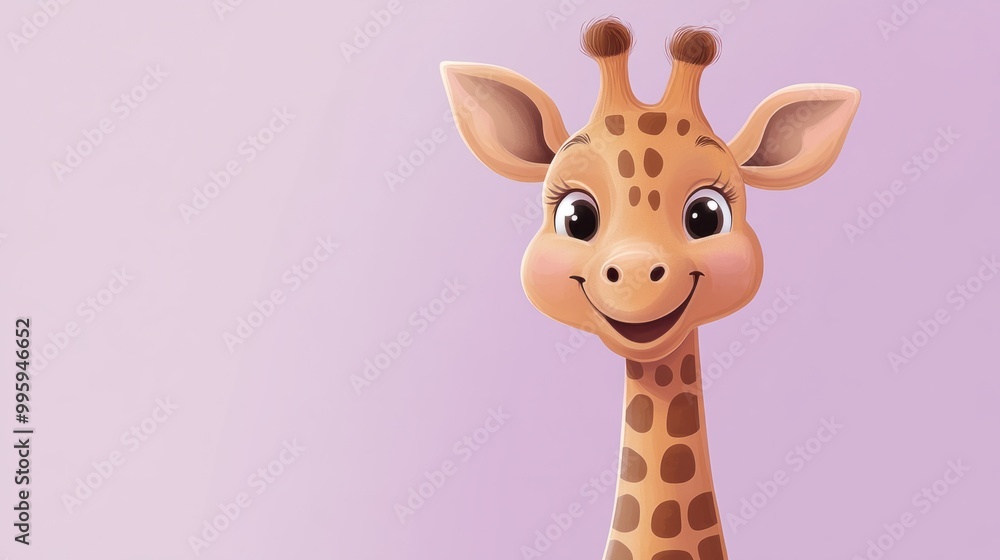 A smiling cartoon giraffe with a long neck, isolated on a pastel purple background A smiling cartoon giraffe with a long neck, isolated on a pastel purple background