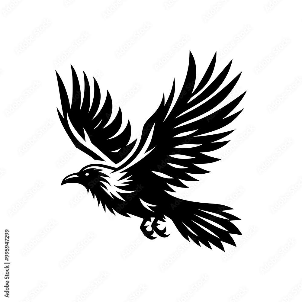 Fototapeta premium Vector logo of a flying raven. black and white illustration of a crow isolated on white background. can be used as a tattoo, emblem, logo.