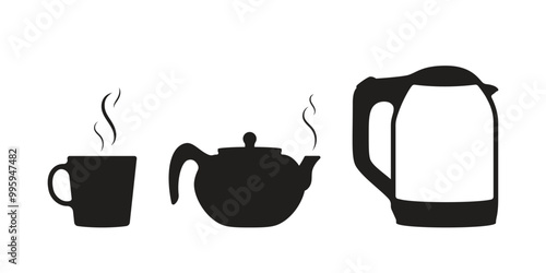 Silhouettes of a cup, a teapot, and an electric kettle with streams of steam.
