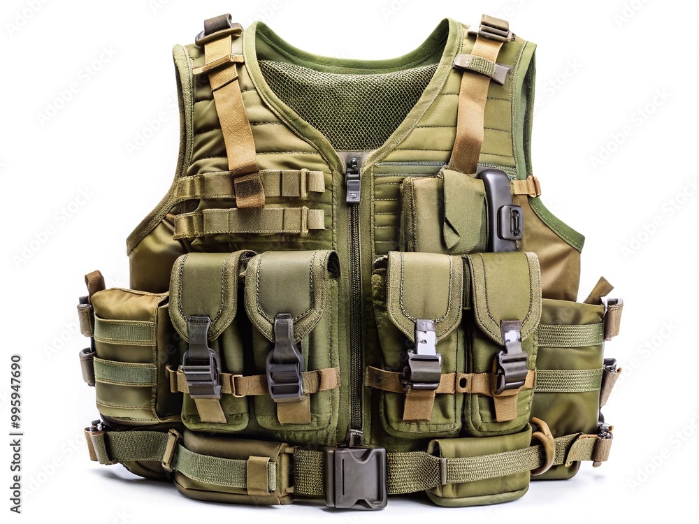 A modern tactical Vest with advanced protective gear and modular design, featuring reinforced sections and adjustable straps, perfect for military, law enforcement, or security personnel. A modern tactical Vest with advanced protective gear and modular design, featuring reinforced sections and adjustable straps, perfect for military, law enforcement, or security personnel.