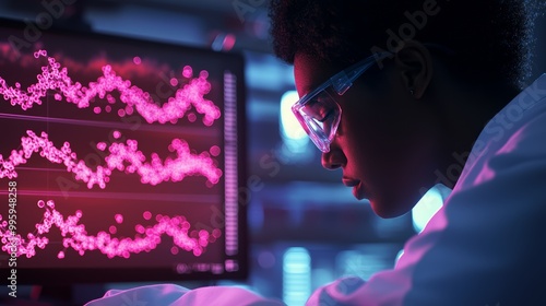 A biochemist analyzing protein structures on a digital display, surrounded by research data photo