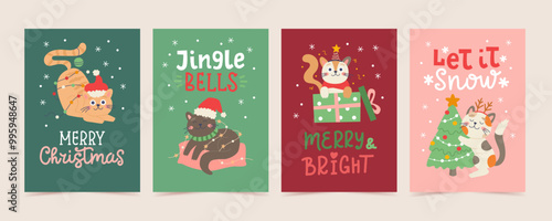 Christmas cards set. Cute funny cats characters with hand drawn lettering. Vector illustration design template
