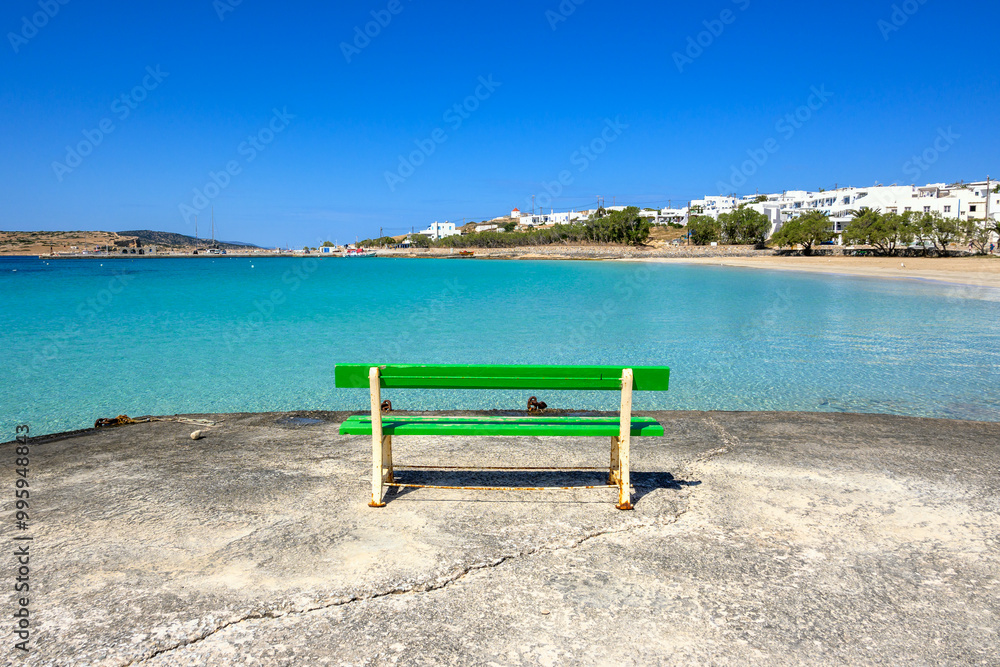 A bench overlooking Ammos beach. Ano Koufonisi island. Small Cyclades, Greece
