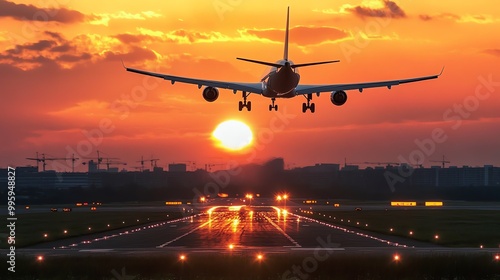 A plane lands on a runway at sunset.