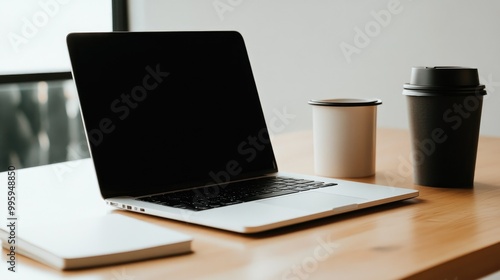 Laptop, notebook, and coffee cup on a modern desk, showcasing a productive workspace, effective task management, and process optimization