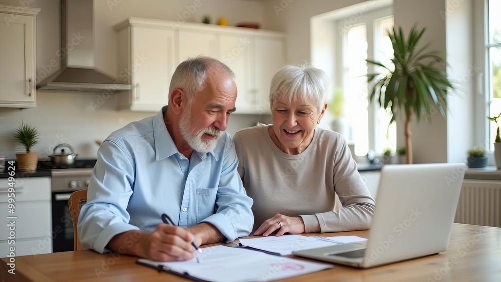 Senior Couple Managing Finances with Laptop: Retirement Planning in Home Kitchen Senior Couple Managing Finances with Laptop: Retirement Planning in Home Kitchen