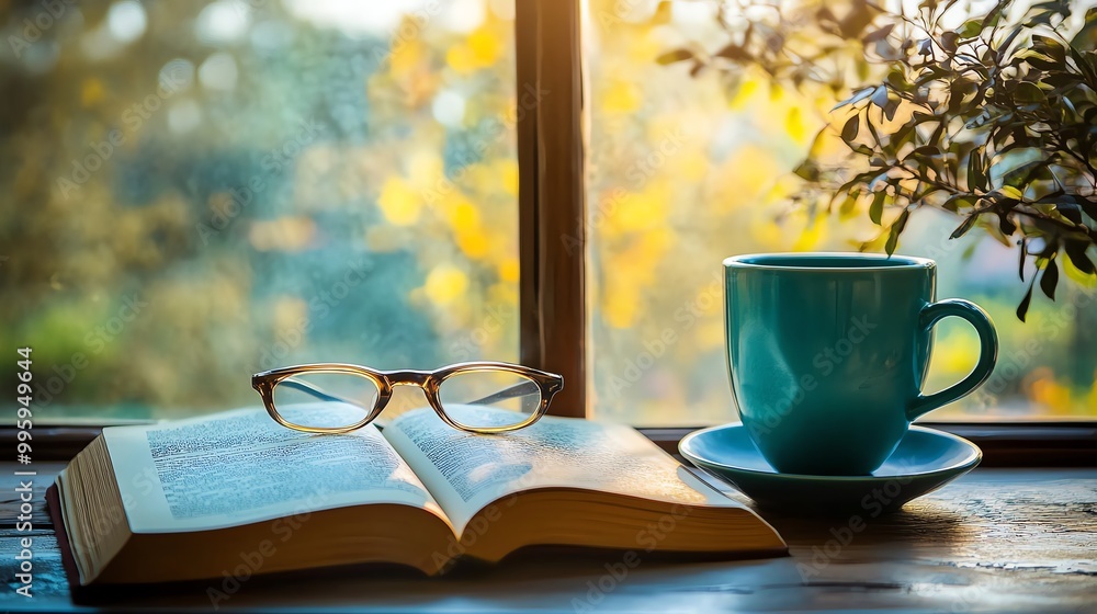 A cozy scene featuring a book, glasses, and a warm cup of tea by the window, perfect for relaxation and reading moments. A cozy scene featuring a book, glasses, and a warm cup of tea by the window, perfect for relaxation and reading moments.