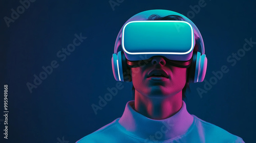 Immersed in vibrant virtual reality experience, person wears futuristic VR headset and headphones, surrounded by captivating blue and purple glow