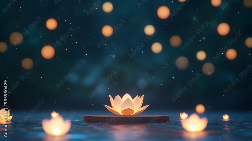 Elegant Podium with Floating Lanterns at Night Elegant Podium with Floating Lanterns at Night