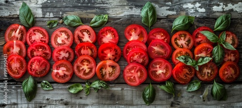 Freshly sliced garden tomatoes on a rustic table, perfect culinary concept photo for food magazines.