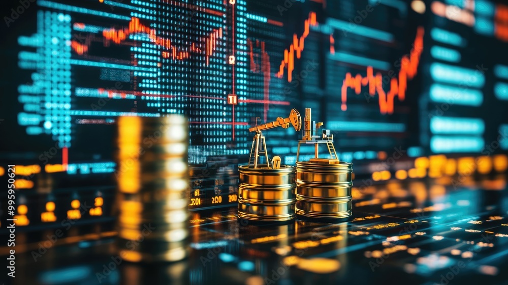 Oil barrels stacked beside a stock market graph, with an oil rig symbolizing oil trading. Oil barrels stacked beside a stock market graph, with an oil rig symbolizing oil trading.