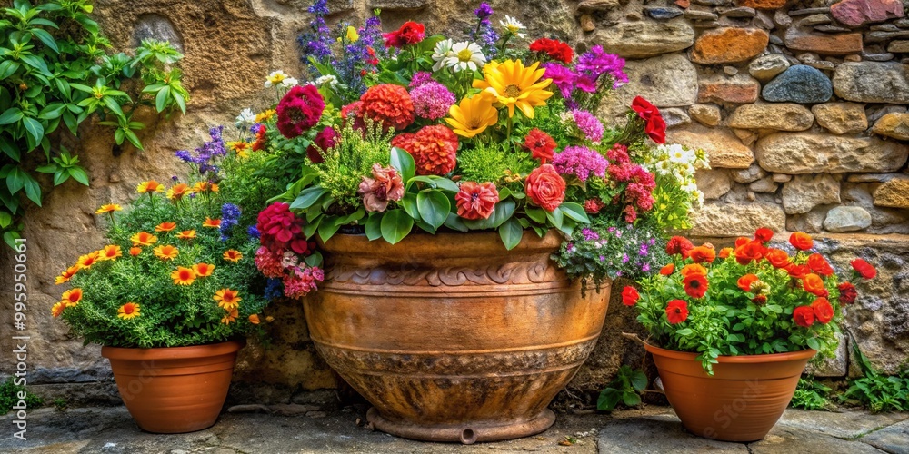 A rustic terracotta planter, overflowing with lush greenery and colorful blooms, rests against a weathered stone wall, its rustic charm on full display. A rustic terracotta planter, overflowing with lush greenery and colorful blooms, rests against a weathered stone wall, its rustic charm on full display.
