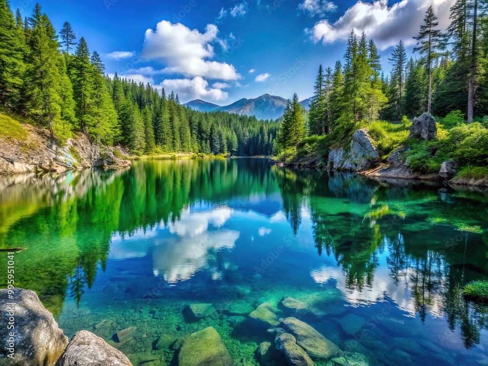 A serene alpine lake, Tamolitch Blue Pool, mirrors the bright blue sky amidst lush greenery and rugged rock formations on its calm surface. A serene alpine lake, Tamolitch Blue Pool, mirrors the bright blue sky amidst lush greenery and rugged rock formations on its calm surface.