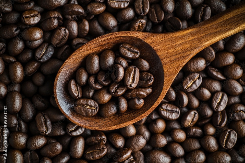 Fototapeta premium Coffee beans in a wooden spoon on a background of coffee beans wth generative ai