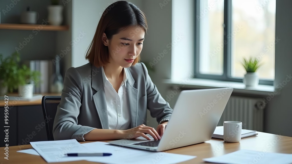 Woman Working from Home: Professional Female Remote Worker Using Laptop in Comfortable Home Office Setting for Increased Productivity Woman Working from Home: Professional Female Remote Worker Using Laptop in Comfortable Home Office Setting for Increased Productivity