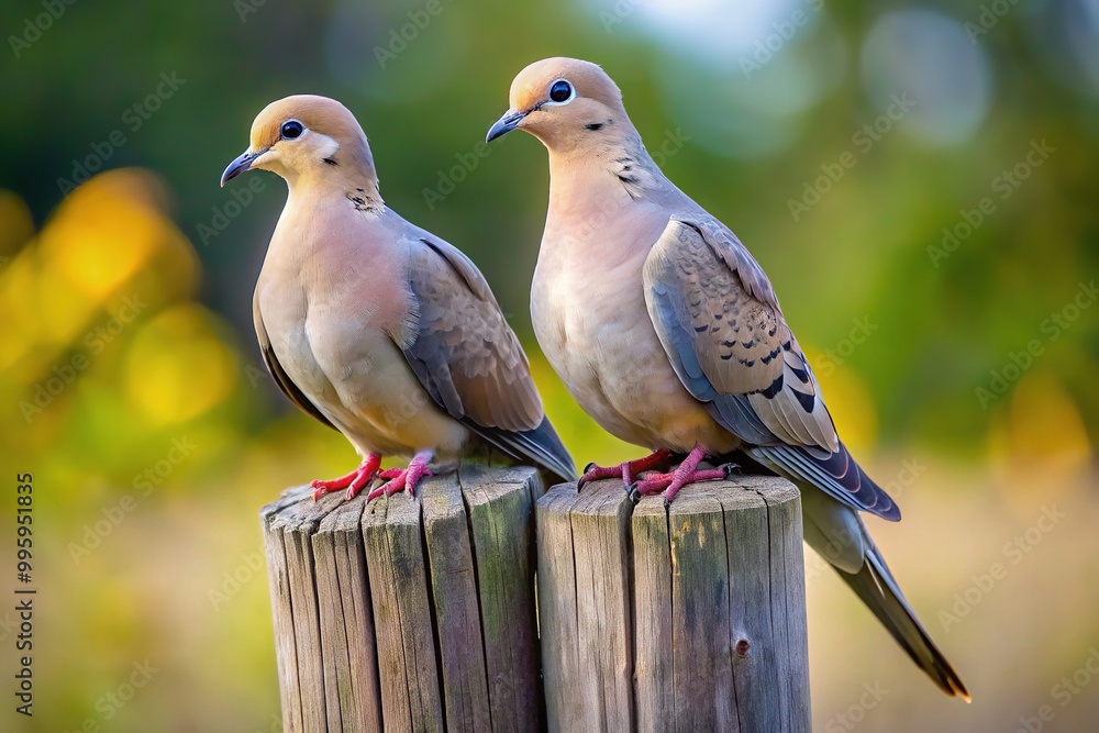 A serene pair of mourning doves perch on a weathered wooden fence post, their gentle grey plumage and soft eyes evoking a sense of peaceful melancholy. A serene pair of mourning doves perch on a weathered wooden fence post, their gentle grey plumage and soft eyes evoking a sense of peaceful melancholy.