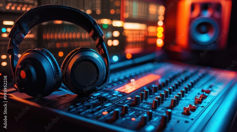Podcast studio close-up showing a mixing console and headphones with soft lighting and a professional setup. Podcast studio close-up showing a mixing console and headphones with soft lighting and a professional setup.
