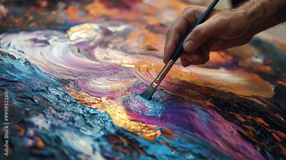 Fototapeta premium A close-up of a hand painting with vibrant colors, showcasing the beauty of artistic expression and creativity on canvas.