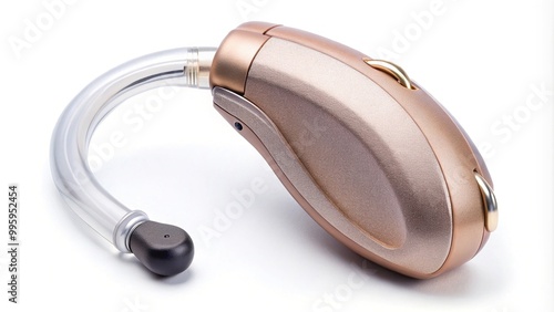 A sleek, modern hearing amplifier device with curved ear horns and adjustable volume control, isolated on a white background, demonstrating innovative assistive technology. photo