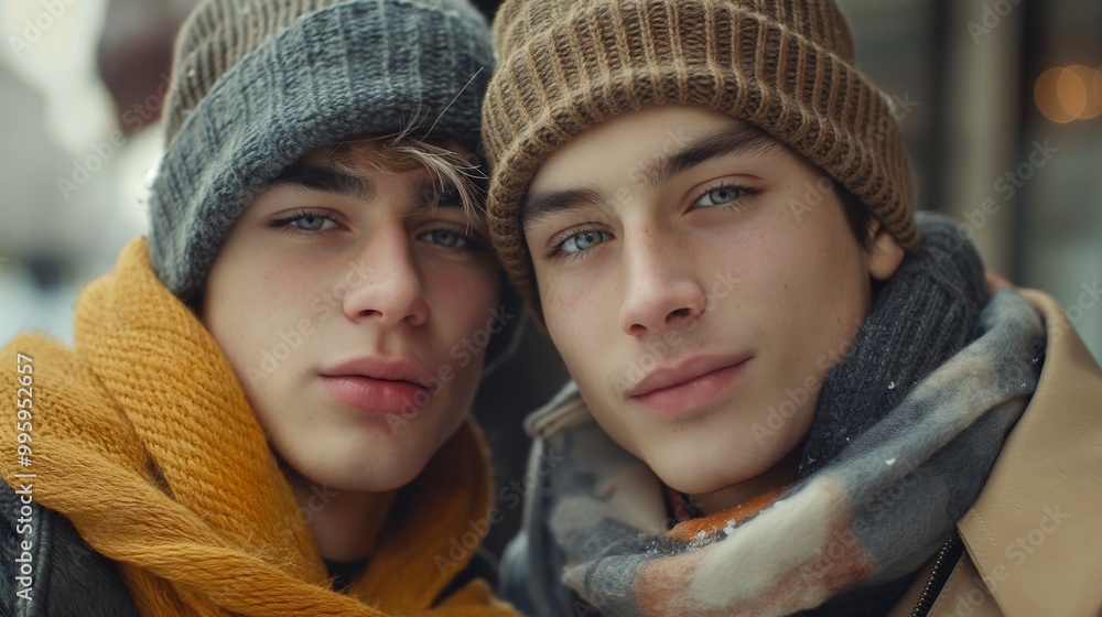 Two friends in beanies and scarves embracing winter together, showcasing a close bond and cozy attire. Two friends in beanies and scarves embracing winter together, showcasing a close bond and cozy attire.