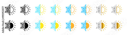 Hot and cold icons. Sun and snowflake all season concept logo. Air temperature symbol. 