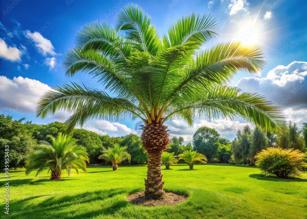 A small palm tree with vibrant green leaves and slender trunk rises above the landscape where warm sunshine illuminates its delicate silhouette. A small palm tree with vibrant green leaves and slender trunk rises above the landscape where warm sunshine illuminates its delicate silhouette.