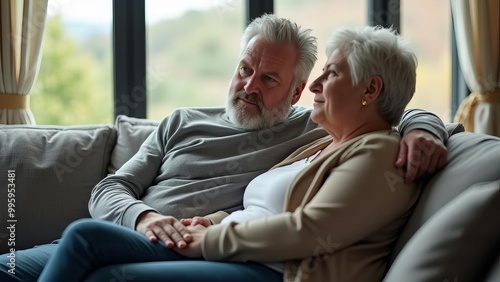 Loving Elderly Couple Relaxing Together on Couch: Intimate Moment of Companionship in Comfortable Home Setting